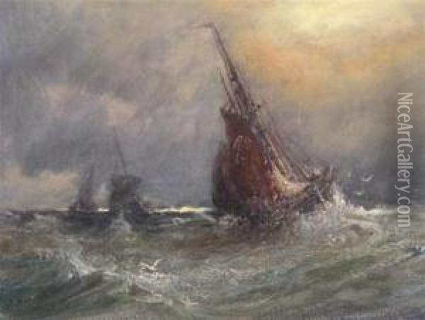 Fishing Boats In A Stormy Sea Oil Painting - J Webb