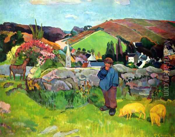 Bretoni landscape with Schweinehirt Oil Painting - Paul Gauguin