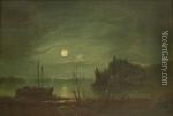 Fishing Boats With Nets Drying On The Shoreline By Moonlight Oil Painting - William A. Thornley Or Thornber