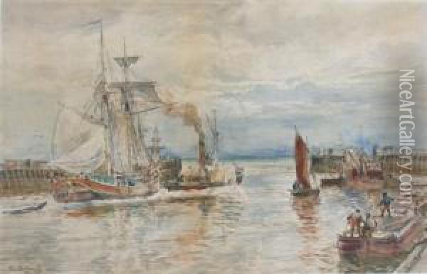 A Sailing Ship Being Taken Out Of Harbour By A Paddle Steamer Oil Painting - Alexander Ballingall