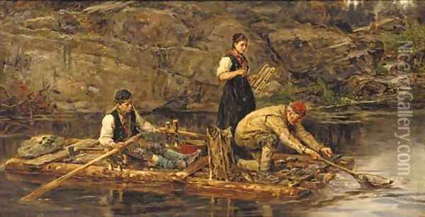 Fishing from a raft Oil Painting - Hans Dahl
