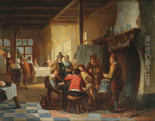 A Tavern Interior With People Making Music Oil Painting - Henri Jos. Gommarus Carpentero