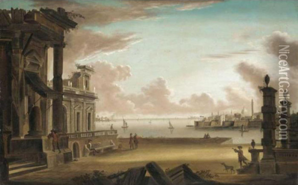 Venetian Capriccio Scene With Figures Beside A Ruined Classical Palace Oil Painting - Antonio Joli