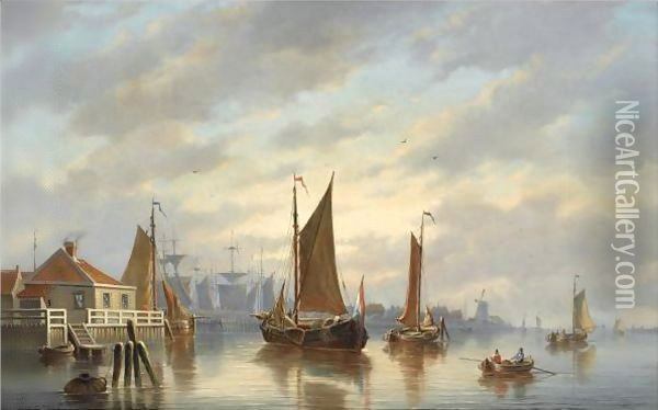 A Dutch Harbour At Sunset Oil Painting - Johannes Hilverdink