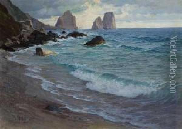 Capri - Kuste Mit Blick Auf Die Faraglioni. Oil Painting - Paul von Spaun