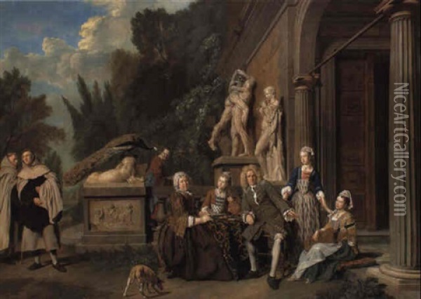 The Bals Family Gathered Before The Portico Of A Country House Oil Painting - Jan Josef Horemans the Elder