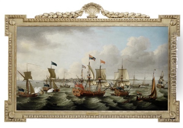 The Flotilla Of Ships, Led By The Royal Charlotte In Company With Five Other Royal Yachts, Arriving Off Harwich On 6 September 1761 Oil Painting - John Cleveley
