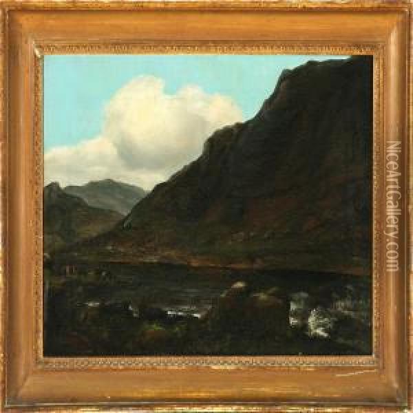 Norwegian Fiord Scene, Along The Coast Travellers On Horses Oil Painting - Johann Georg Paul Mohr