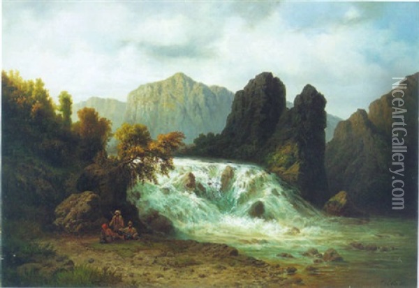 Wildbach Im Kaukasus, Am Ufer Rastende Jager Oil Painting - Waldemar Knoll