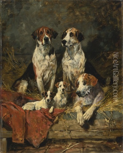 Four Foxhounds And A Terrier Oil Painting - John Emms