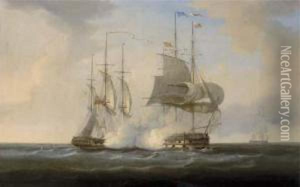 The Gallant Encounter Between 
H.m.s. Boadicea And Two French Warships Le Duquay-trouin And Guerriere 
On 31 Oil Painting - William Huggins