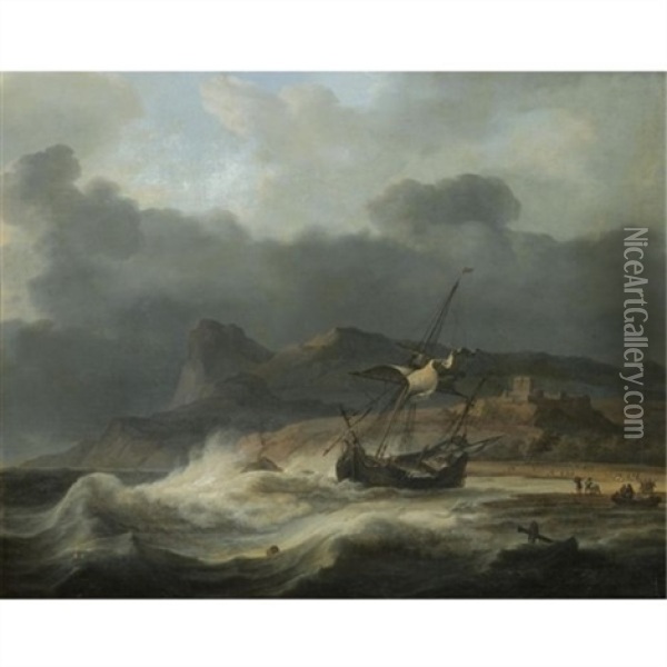 A Mountainous Coastal Landscape With A Ship Beached In A Storm, Figures Gathering Cargo To The Right Oil Painting - Aernout (Johann Arnold) Smit