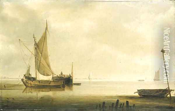 A smalschip and a waterschip anchored in an estuary in a calm, a wherry by a breakwater in the foreground Oil Painting - Simon De Vlieger