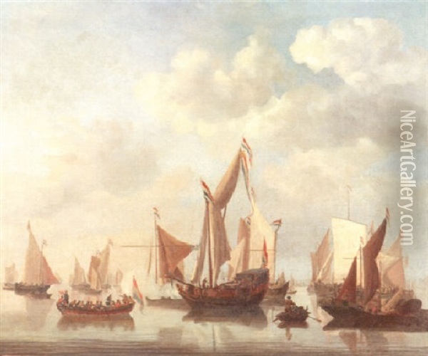 Segelschiffe Vor Einer Hafenstadt In Ruhiger See Oil Painting - Jan Van De Cappelle