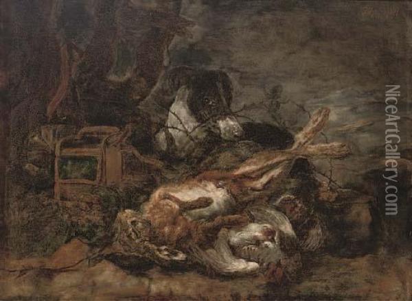 A Greyhound With Dead Game At The Foot Of A Tree Oil Painting - Johann Philipp Heinel
