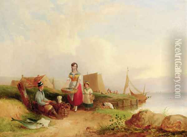 Fisherfolk before a landing stage; and Peasants resting before an extensive coastal landscape Oil Painting - William Joseph Shayer