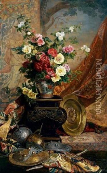 Bouquet De Fleurs Aux Tentures Oil Painting - Victor Leclaire