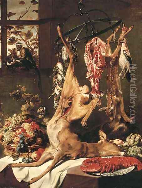 A deer, a fawn and other dead game suspended on hooks, a lobster on a porcelain plate, artichokes and grapes, apples Oil Painting - Frans Snyders