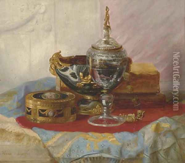 A Still Life with a Lady's Gold Box, a crystal Chalice and other Objects on a draped marble Table Oil Painting - Blaise Alexandre Desgoffe