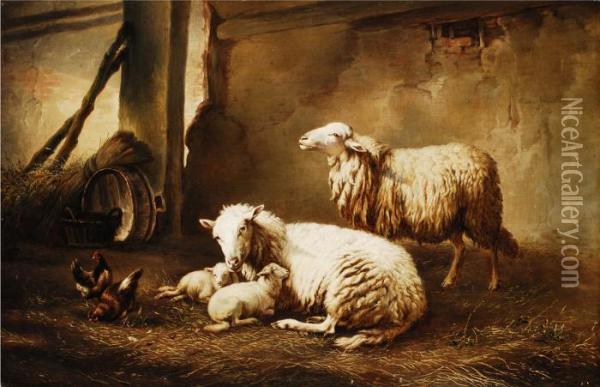 Die Schafsfamilie Im Stall Oil Painting - Eugene Joseph Verboeckhoven