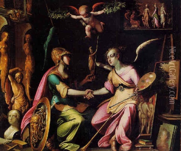 Minerva As Patroness Of The Arts, In A Studio With A Personification Of The Arts Oil Painting - Quentin Varin