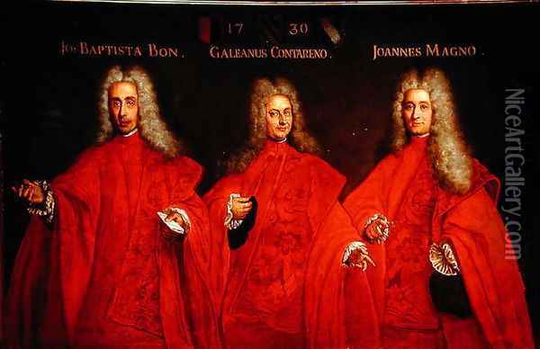Portrait of three lawyers, Giovanbattista Bon, Galeano Contarini and Giovanni Magno, 1730 Oil Painting - Pietro Uberti