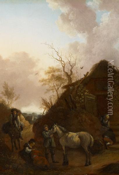 At The Farmhouse Oil Painting - Johann Georg Wagner