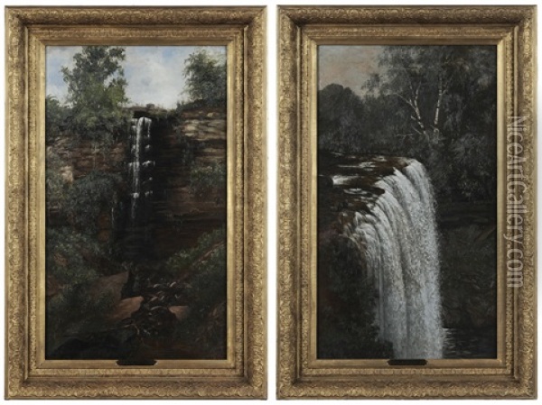 Minnehaha Falls And Woodland Falls (pair) Oil Painting - Joseph Rusling Meeker