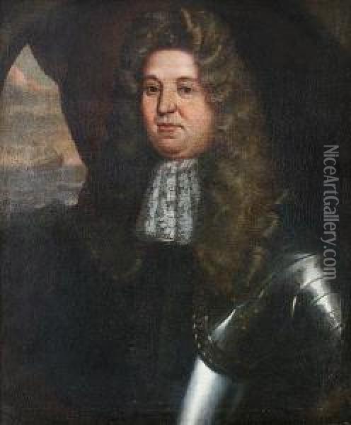 Portrait Of An Admiral, Said To 
Be Robert Blake, Half-length, In Suit Of Armour, Before A Seascape, 
Within A Painted Oval Oil Painting - William Wissing or Wissmig