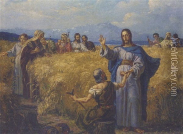 Christ And The Apostles Healing A Cripple Oil Painting - Kaspar Schleibner