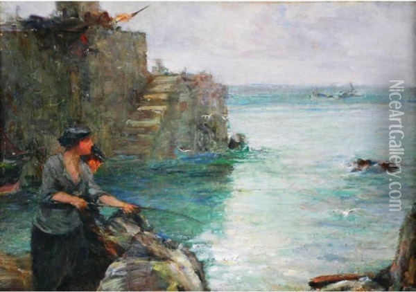 Woman Fishing From A Harbour Wall Oil Painting - John Robertson Reid