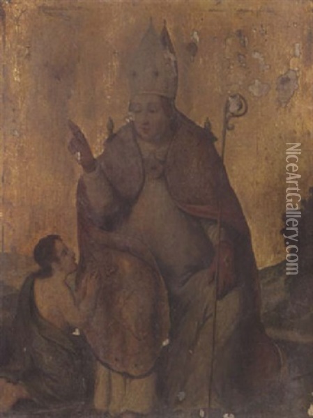 Un Saint Eveque Benissant Un Pelerin Oil Painting - Michiel Coxie the Elder