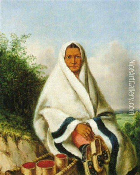 An Indian Squaw Seated On A Bank With A Panier Of Berries And Holding Mocassins Oil Painting - Cornelius David Krieghoff