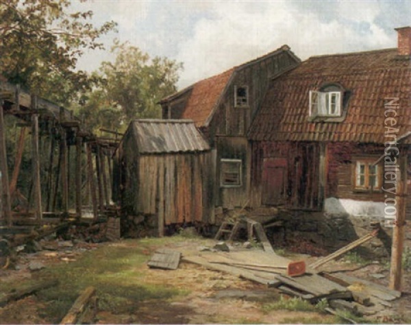 Solbelyst Gardsexterior Oil Painting - Edward (Johan-Edvard) Bergh