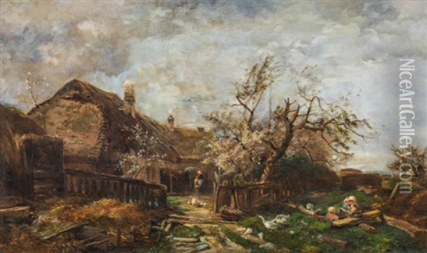 Springtime On The Farm (unterthemenau) Oil Painting - Emil Jacob Schindler