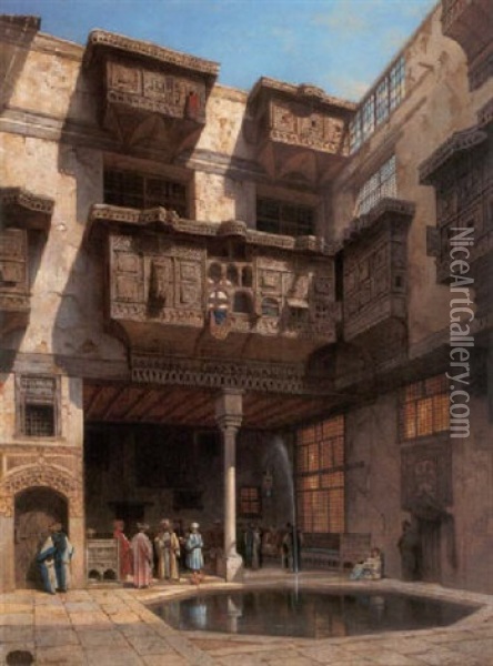 A Courtyard In Cairo Oil Painting - Adrien Dauzats