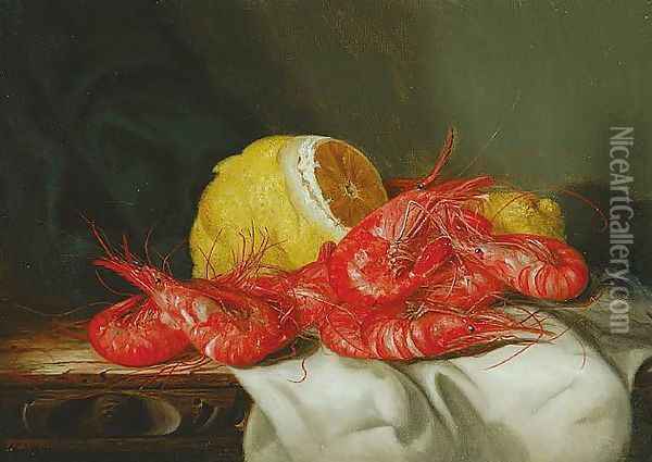 Still Life of Prawns and a Lemon (Pair) Oil Painting - Ellen Ladell