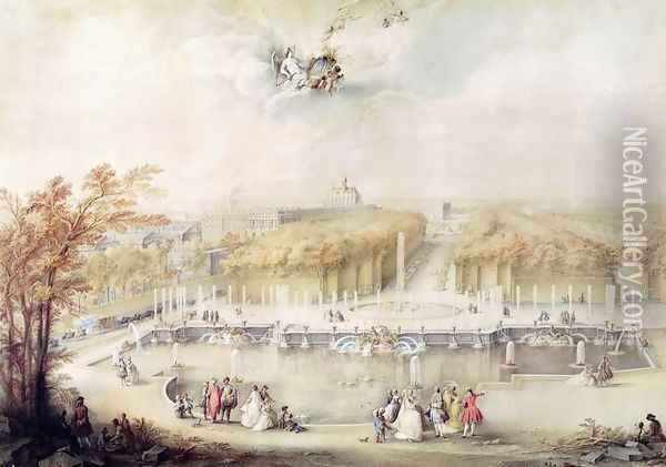 View of the Gardens and the Chateau of Versailles from the Neptune Fountain Oil Painting - Jacqes Andre Portail