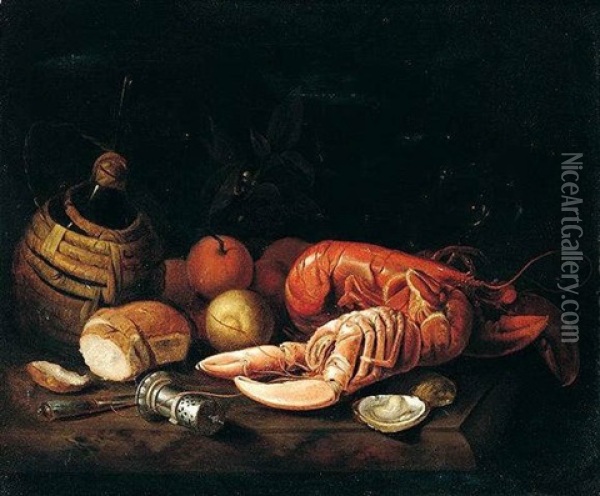 Still Life Of Lobsters, Oysters, Bread, Oranges, Lemons, A Bottle Of Wine, A Wine Glass, A Knife And An Upturned Silver Salt Upon A Marble Ledge Oil Painting - Pieter Gerritsz van Roestraten