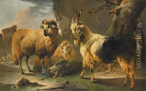 A Rocky Landscape With Sheep And Goats, A Horseman Before A House Beyond Oil Painting - Philipp Peter Roos