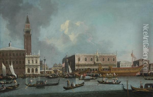 The Bucintoro Returning To The Molo On Ascension Day Oil Painting - Bernardo Canal