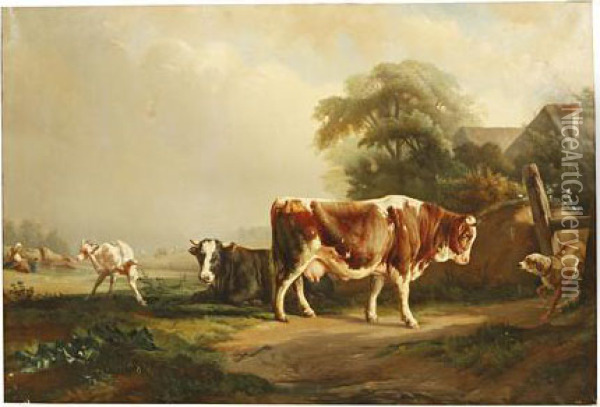 Cattle, Goats And Dog In A Meadow Oil Painting - Hyacinte Joseph Genta