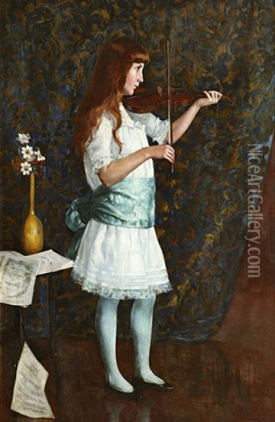 Young Girl Playing The Violin Oil Painting - Arthur Loureiro