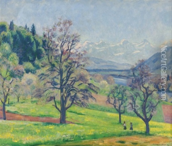 Fruhlingslandschaft Mit Der Alpenkette Oil Painting - Emil Cardinaux