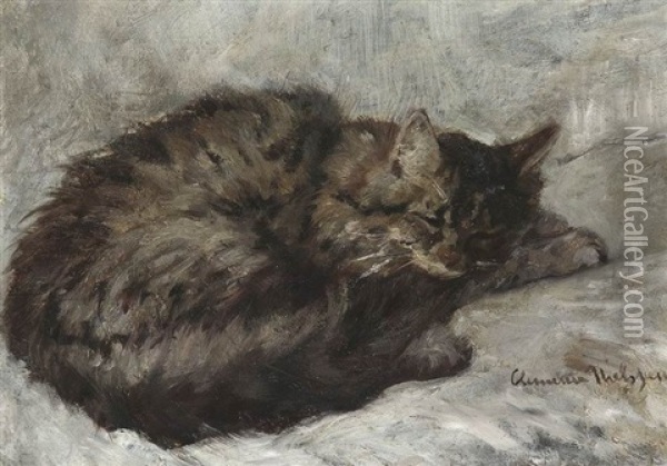 Bildnis Eines Schlafenden Angorakatzchens Oil Painting - Clemence Nielssen