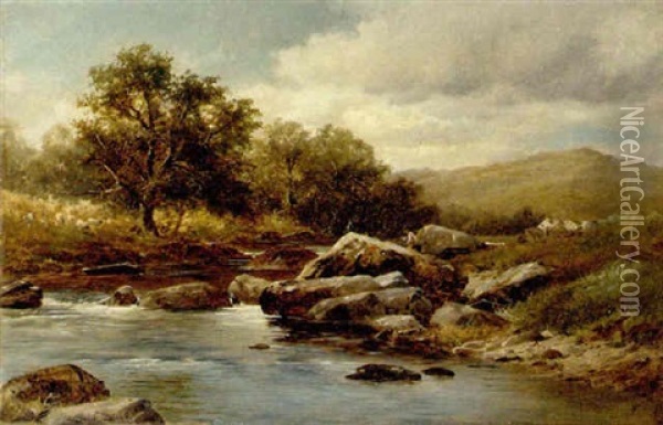 An Angler On The Bank Of A Rocky River Oil Painting - William Henry Mander