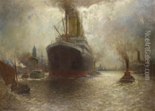 Hamburger Hafen Mit Auslaufendem Dampfer Oil Painting - Franz Mueller-Gossen