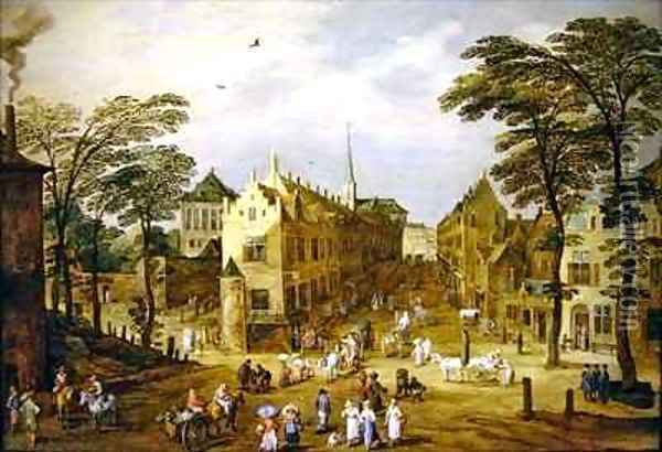 A view of a Flemish street with townsfolk and waggoners Oil Painting - J. & Momper, J.de Brueghel