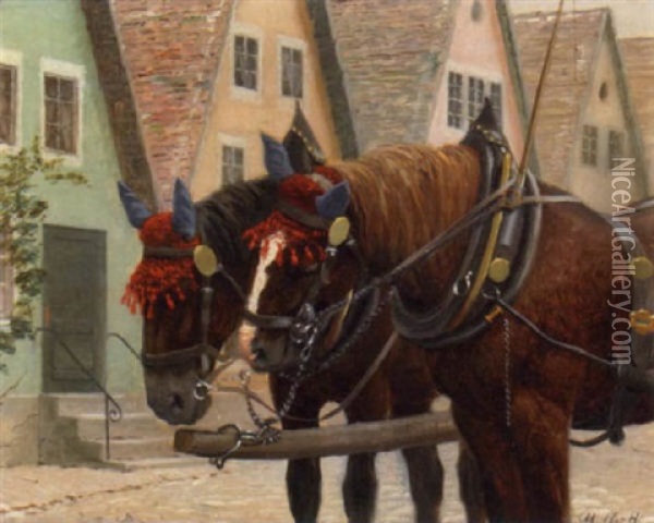 Two Team Horses Resting On A Village Street Oil Painting - Adolf Heinrich Claus Hansen