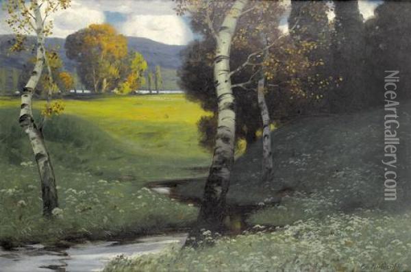 Herbstlandschaft Mit Birken An Einem Bach Oil Painting - Eduard Rudisuhli
